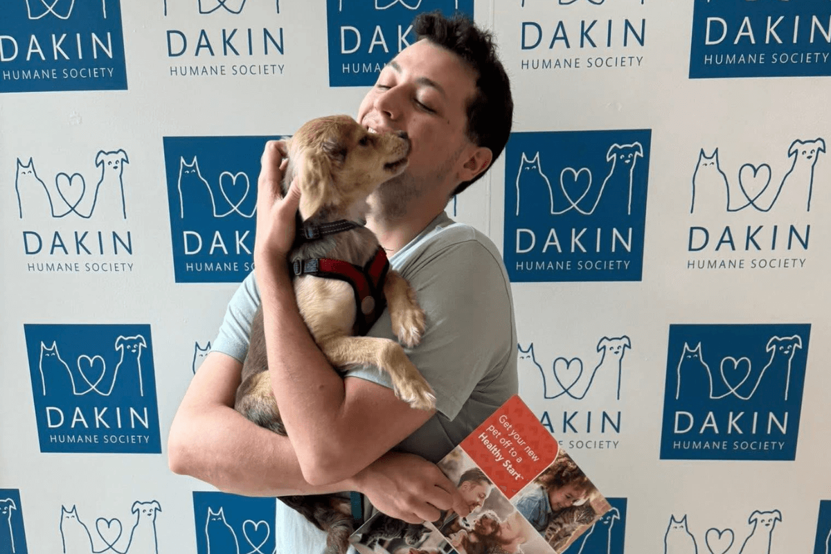 Photo of a man holding a small dog in front of a mosaic saying Dakin Humane Society