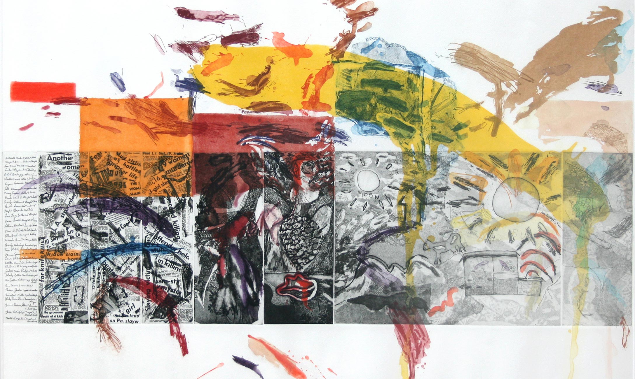 Art piece of color blocks, words, and sketches.