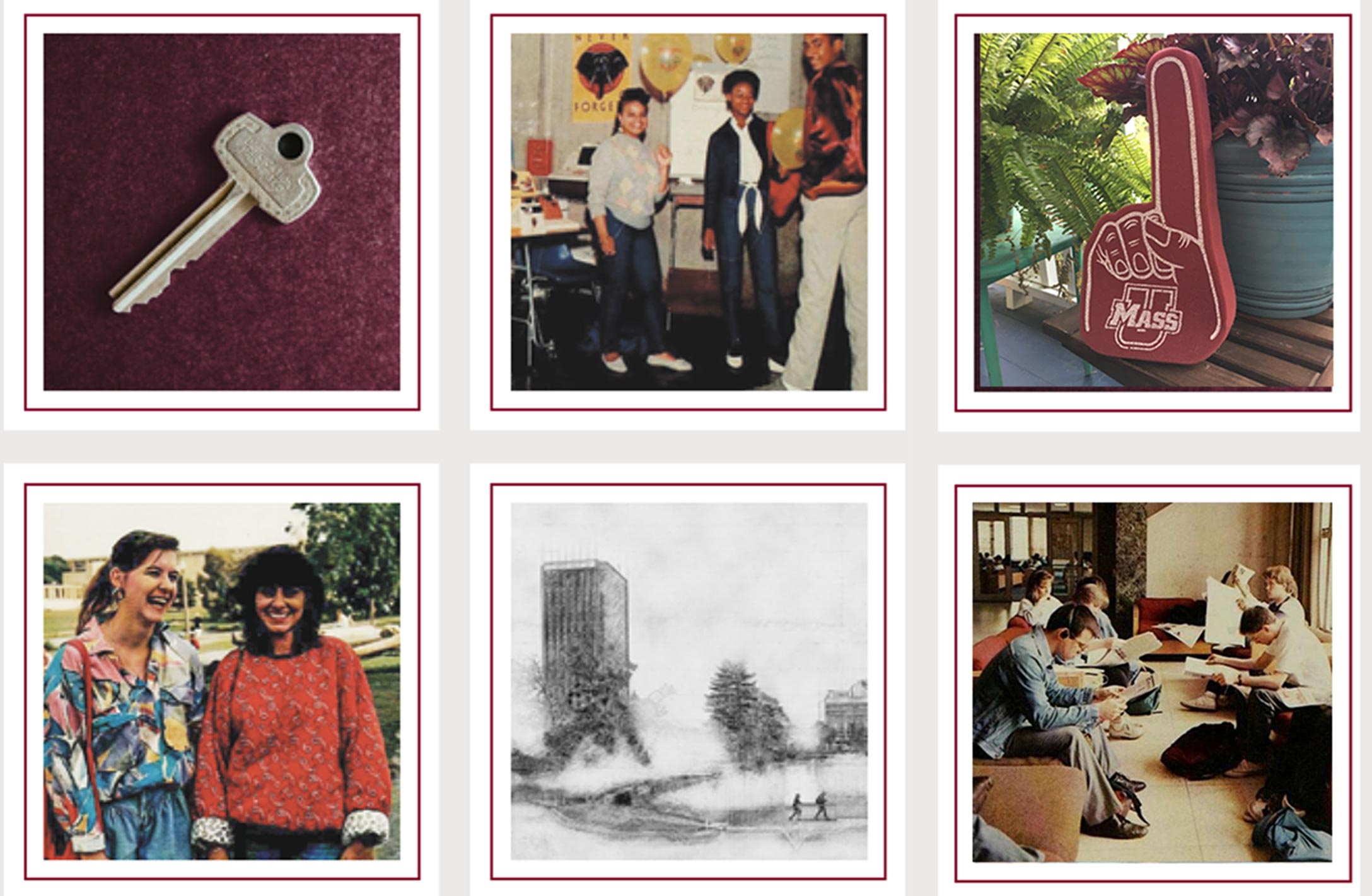 A grid of images showing examples of memorabilia including a key, old photographs, a sketch of campus buildings, and a foam finger.