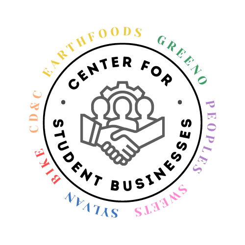 (The names of the seven student businesses - Bike Coop, Campus Design and Copy, Earthfoods, Greeno Sub Shop, People's Market, Sweets and More, and Sylvan Snack Bar, surrounding a circle with the words Center for Student Businesses and a graphic of three silhouetted people with a handshake in front)