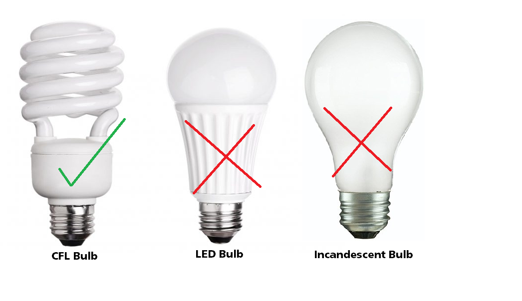 A compact fluorescent with a green check mark, an LED bulb with a red X and incandescent bulb with a red X over them. 